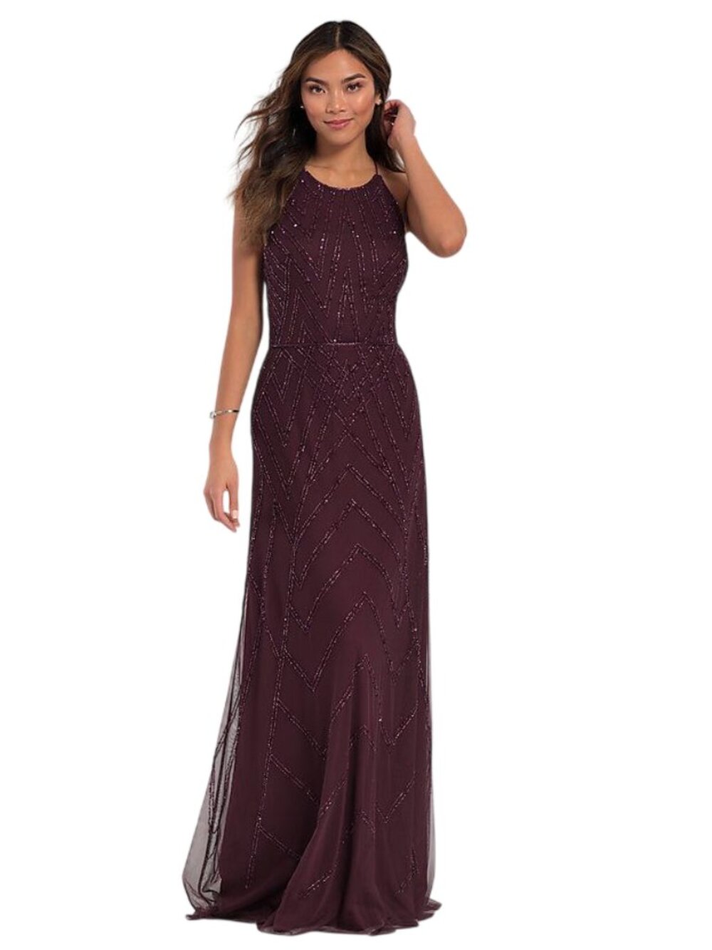 Adrianna Papell Platinum Lace Up Back Dress Plum Women Size 10 Beaded Bridesmaid